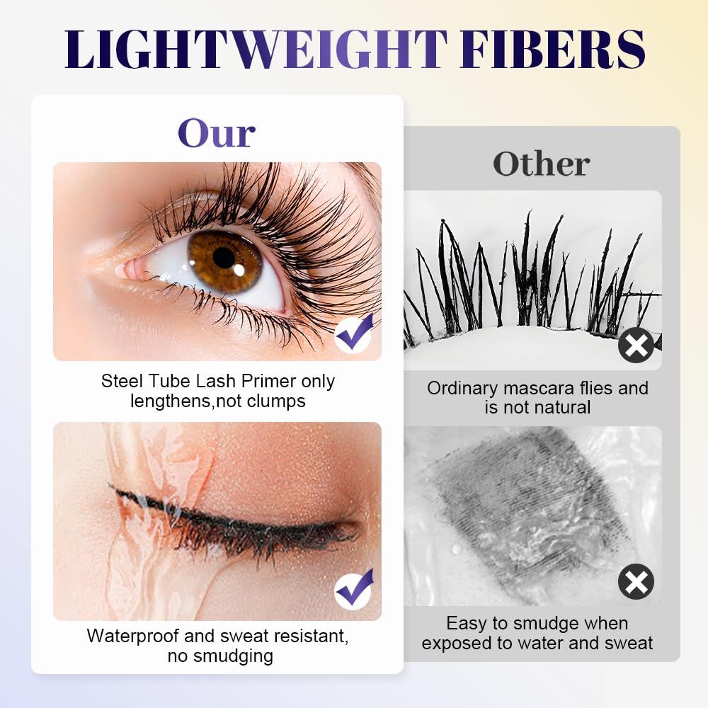 Demonstrates the superiority of the brand's lash primer over ordinary mascara by showing side-by-side comparisons of natural-looking lengthening, non-clumping application, and waterproof durability…