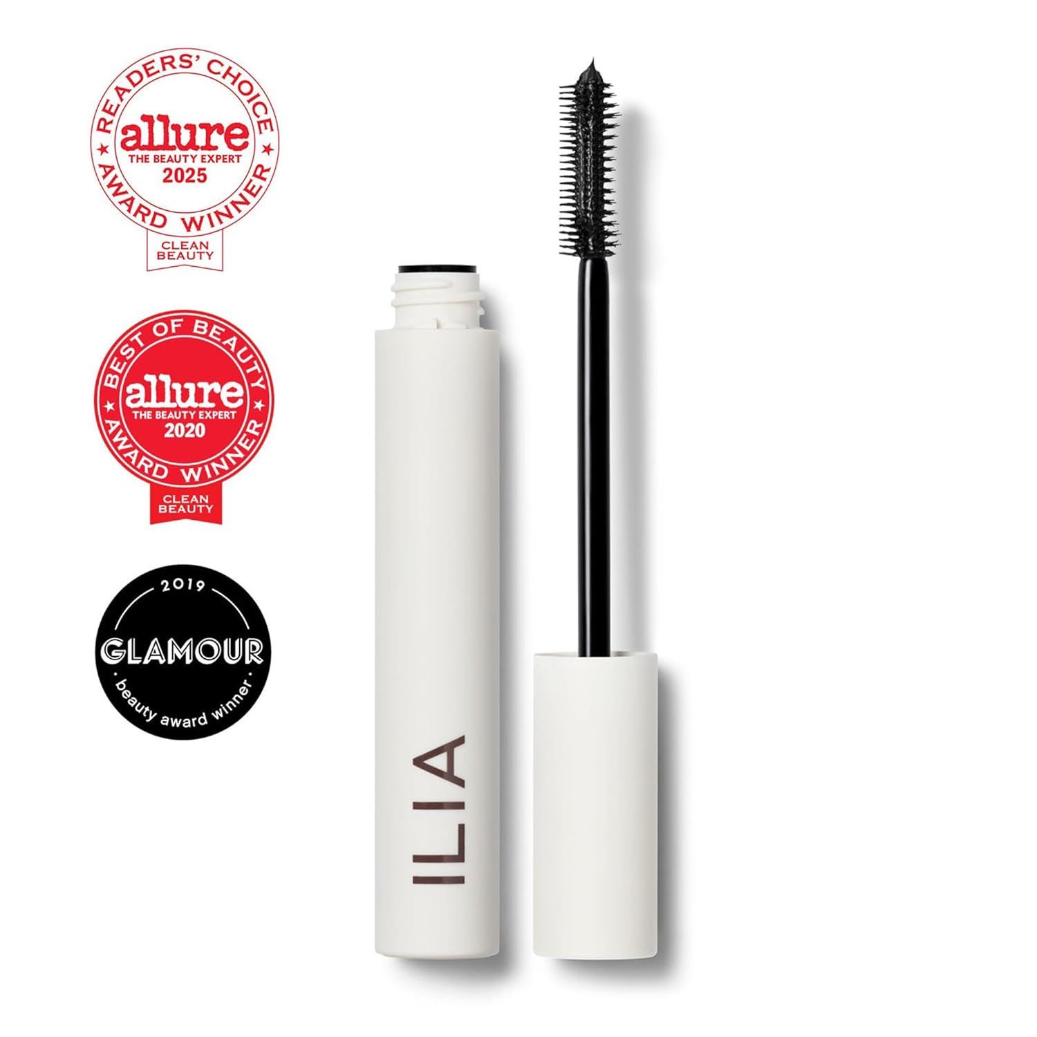 Showcases multiple prestigious beauty awards from Allure and Glamour magazines to build credibility and trust, signaling that this mascara has been recognized by leading beauty publications.