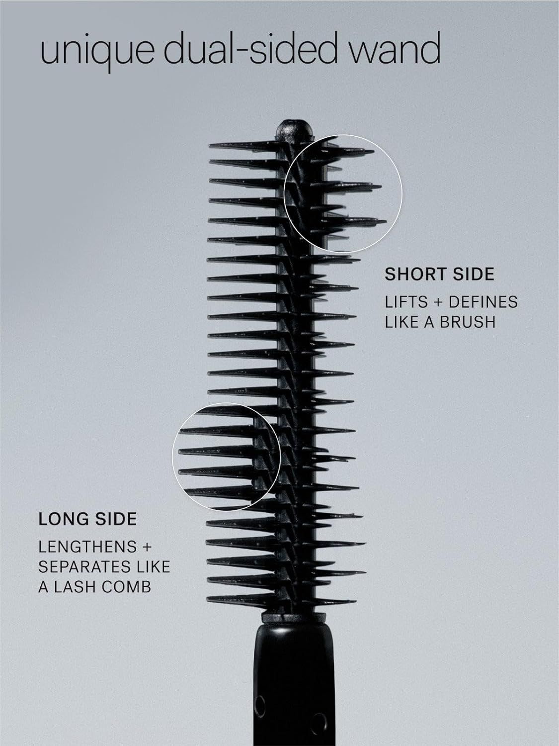 Breaks down the physical structure of the mascara wand to show shoppers how each side serves a different styling function, helping them understand the unique dual-sided design.