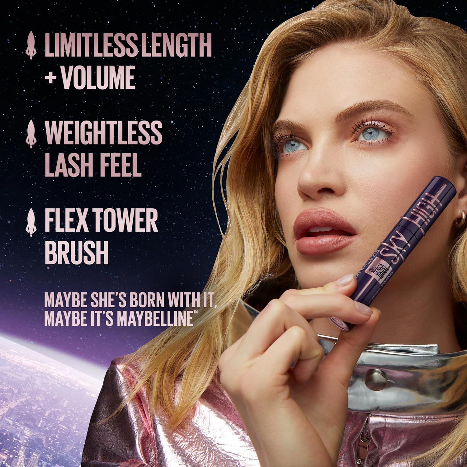 Highlights three distinct product benefits (length/volume, weightless feel, and brush technology) to communicate the mascara's comprehensive performance features and encourage purchase.
