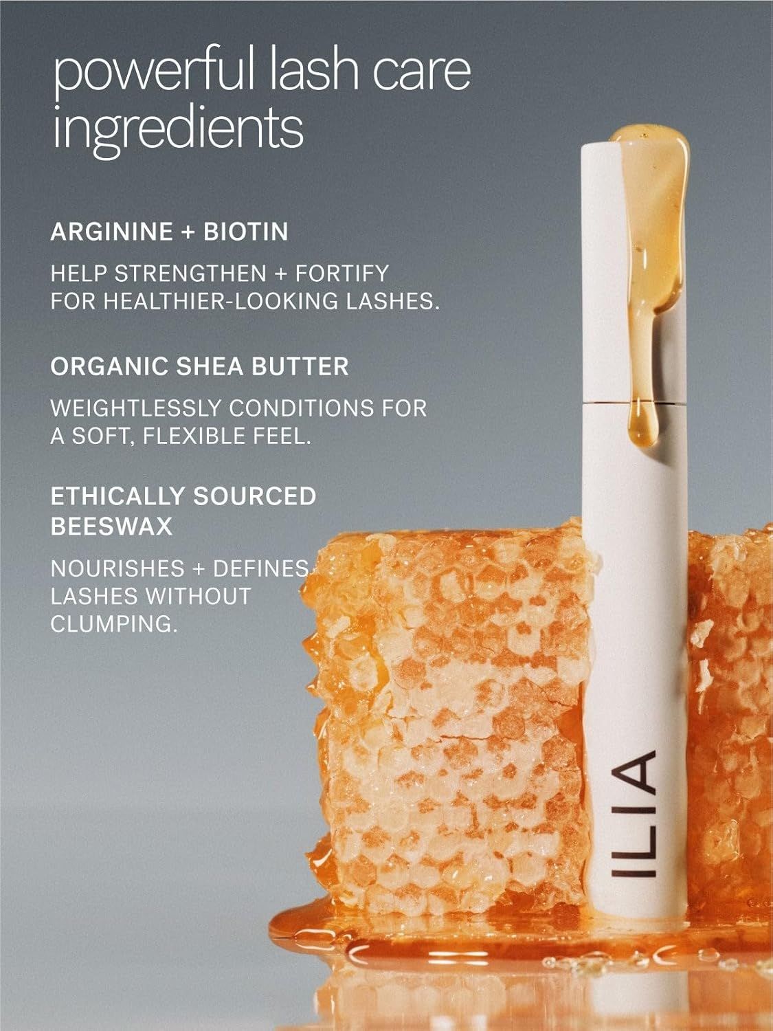 Communicates the key ingredient benefits of the lash care product, highlighting multiple powerful ingredients that strengthen, condition, and nourish lashes to reassure shoppers of the product's…