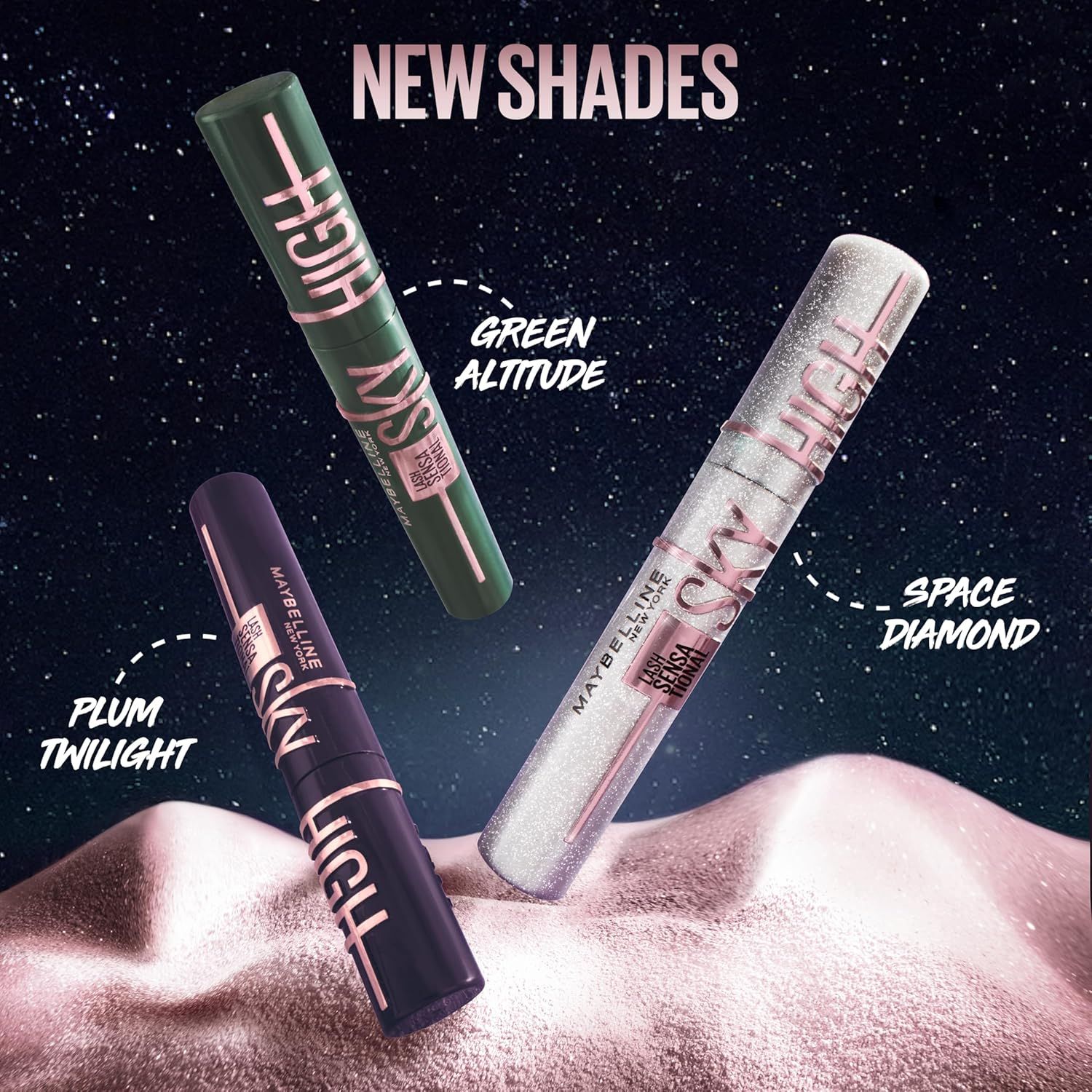 Showcases the brand's new mascara shade options (Plum Twilight, Green Altitude, Space Diamond) to help shoppers explore the product line and choose their preferred color variant.