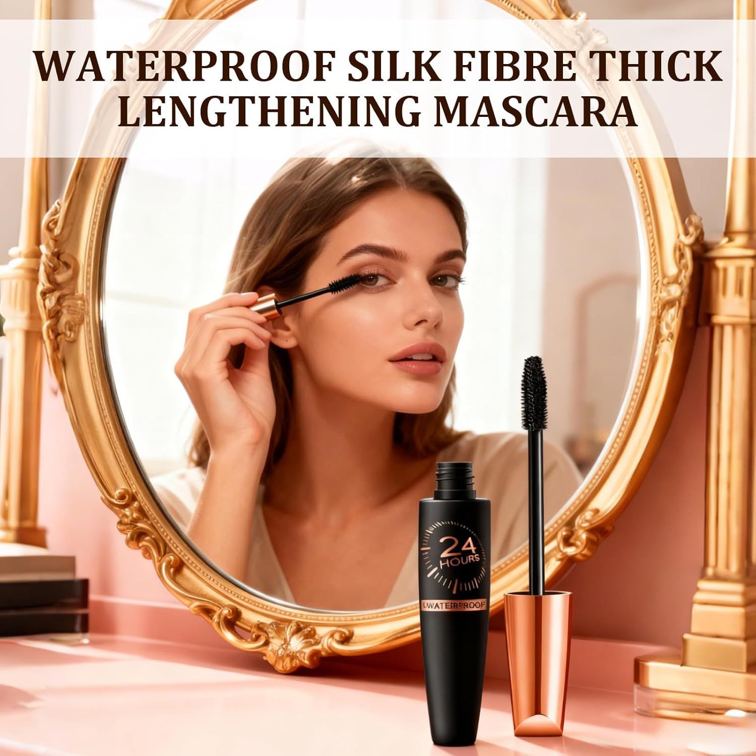 Communicates the mascara's key benefits—waterproof formula, silk fibre technology, and lengthening effect—to reassure shoppers of its performance and durability.