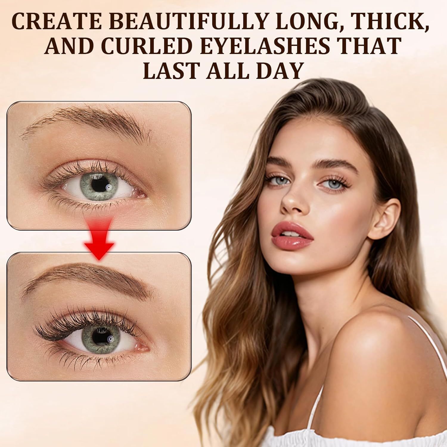 Demonstrates the transformation from natural lashes to enhanced lashes using the product, showing the dramatic lengthening, thickening, and curling effect to prove the product's effectiveness.