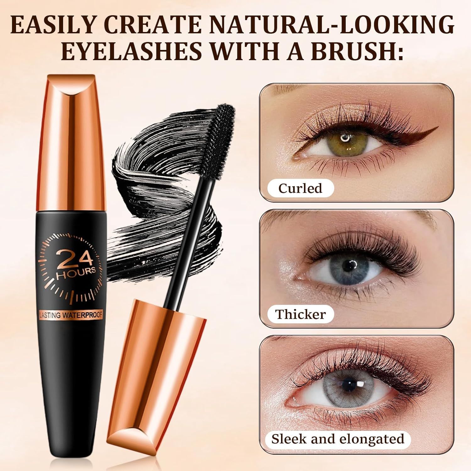 Demonstrates the three distinct eyelash looks achievable with this mascara brush to show versatility and help shoppers visualize different styling options.