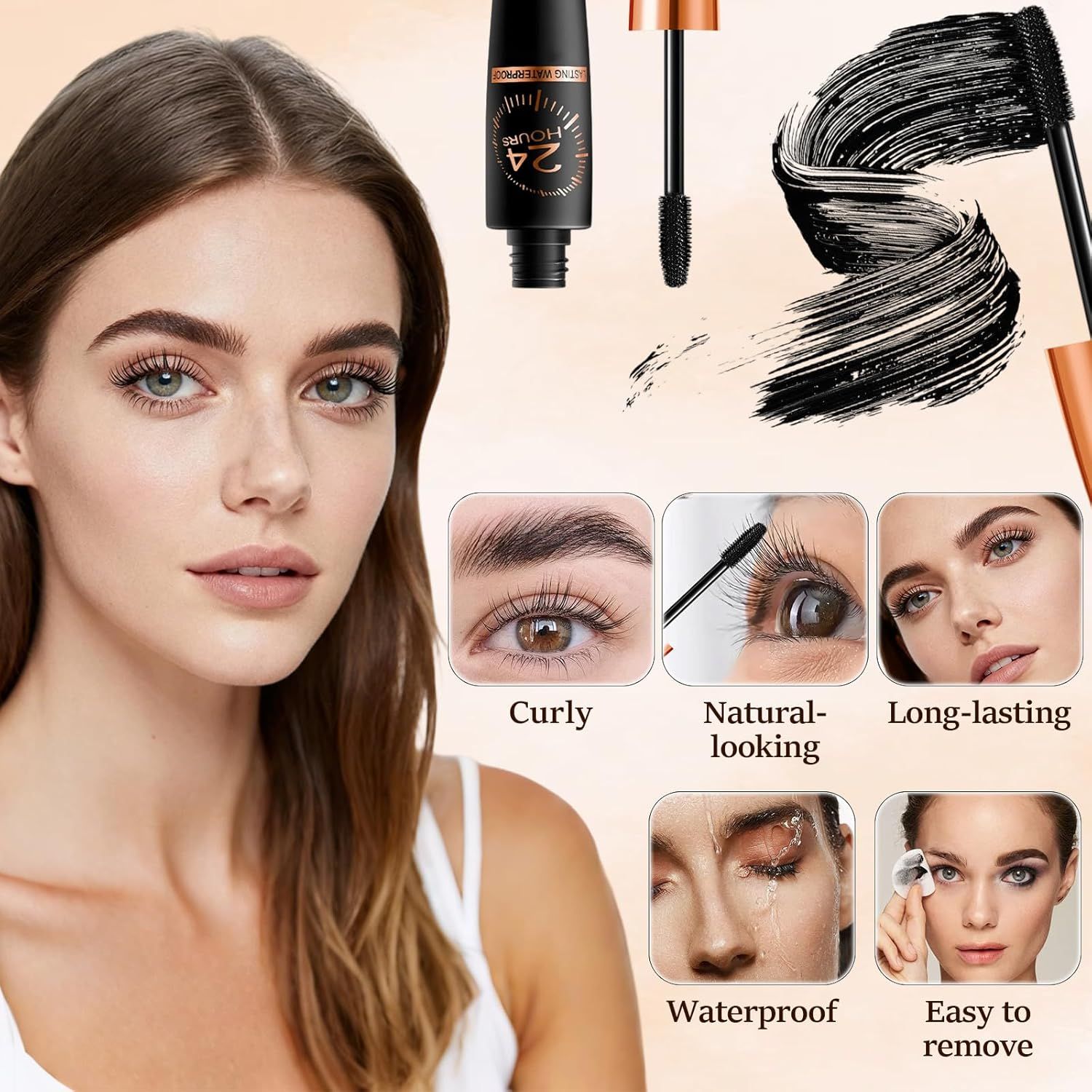 Showcases multiple distinct benefits of the mascara product in a segmented grid layout, demonstrating its versatility and key performance features to help shoppers understand the full range of…
