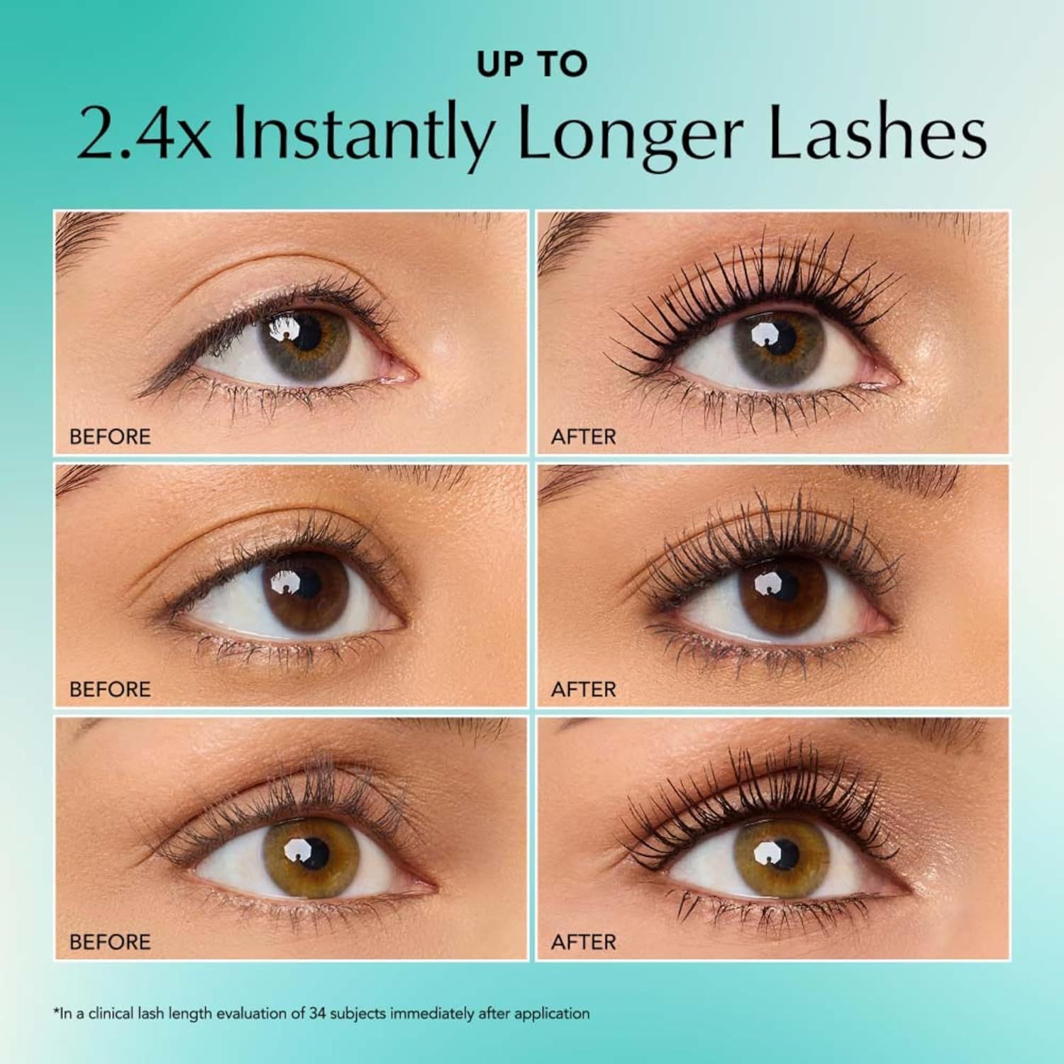 Demonstrates the dramatic transformation in lash length and volume achieved by using the product, showing 2.4x longer lashes through side-by-side before and after comparisons. Communicates the…