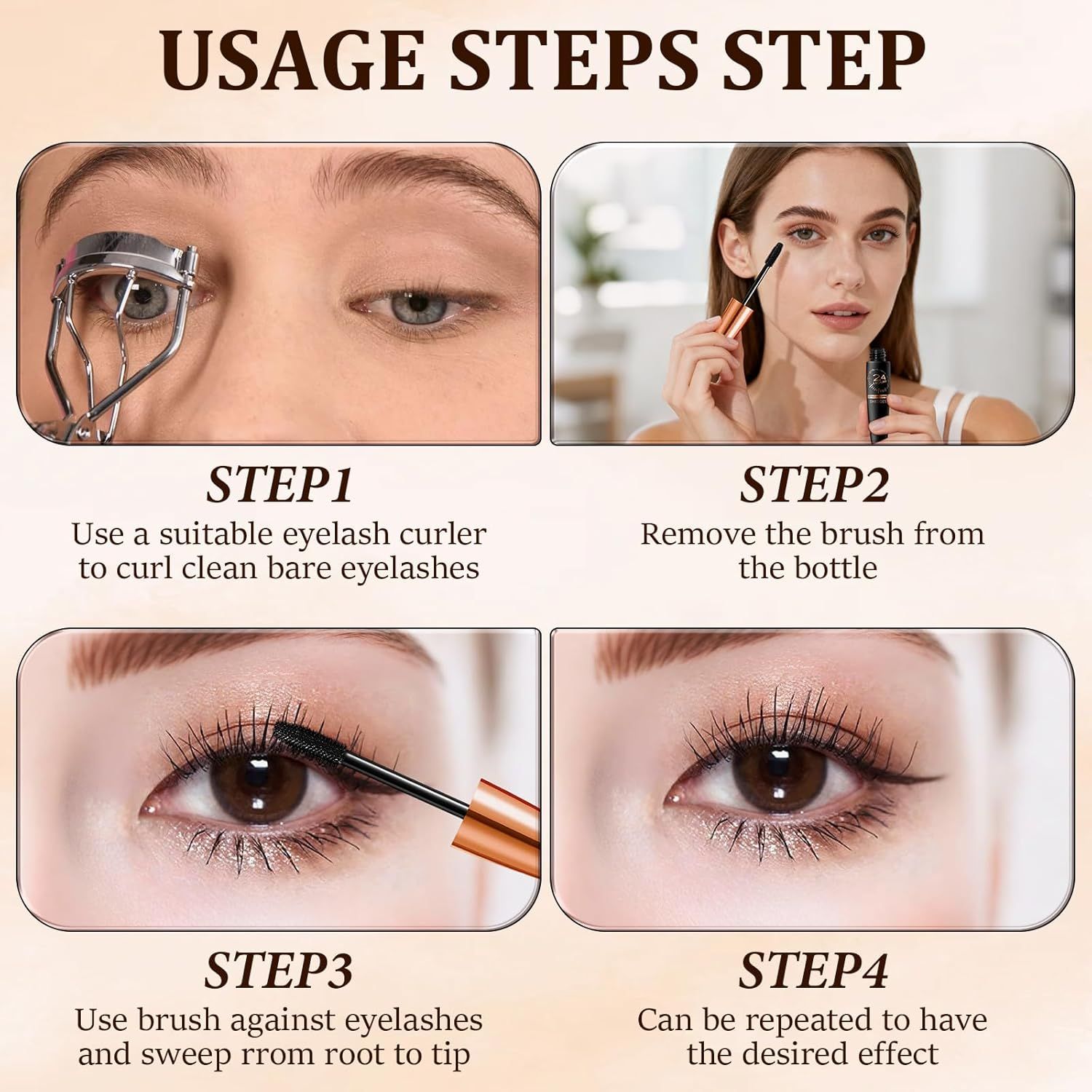 Provides clear sequential instructions on how to properly apply mascara using an eyelash curler and brush, helping shoppers understand the correct usage technique for optimal results.