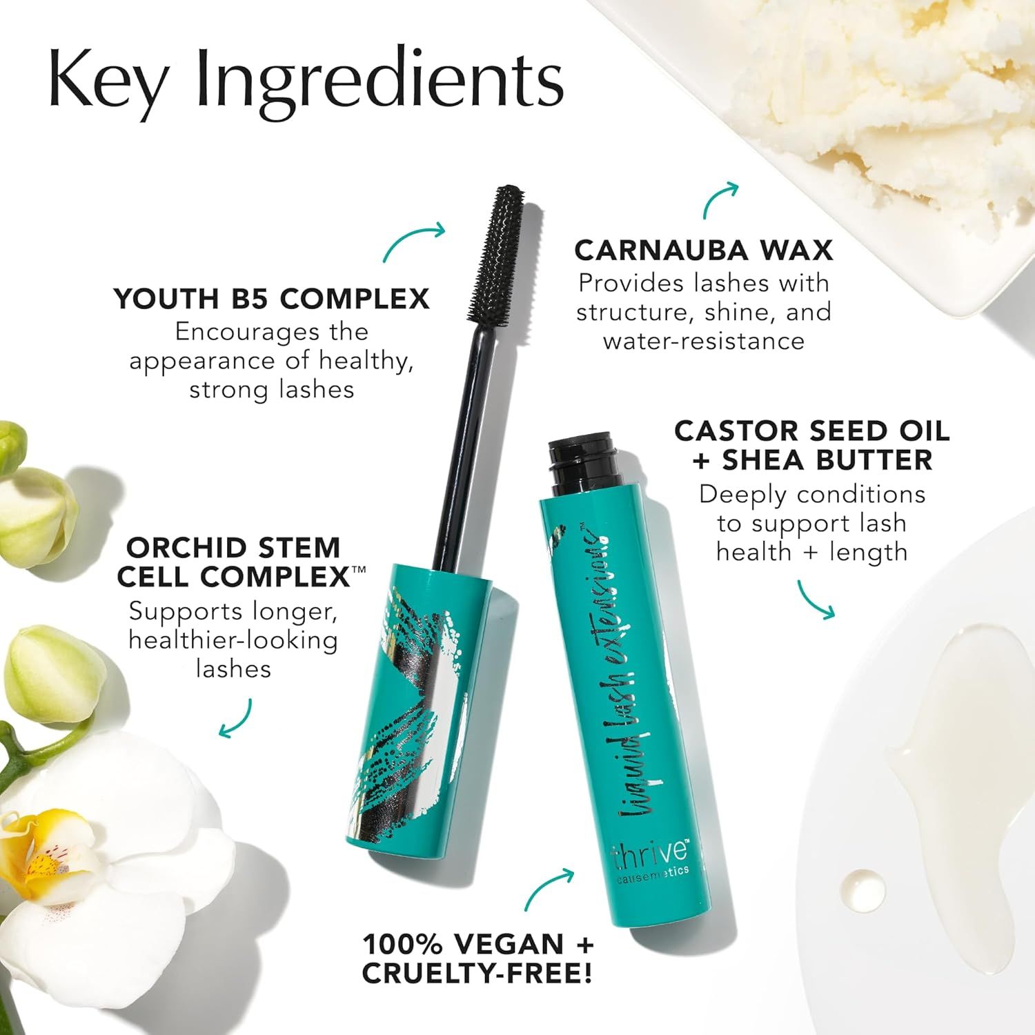 Highlights multiple key ingredients and their specific benefits for lash health, structure, and conditioning to reassure shoppers of the product's premium formulation and ethical values.