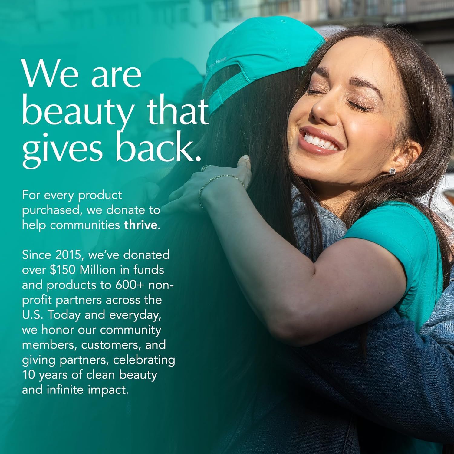 Communicates the brand's social mission and charitable commitment, building emotional connection by highlighting their donation program and community impact over 10 years.