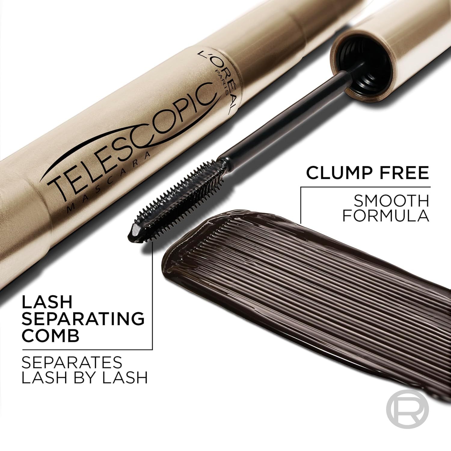 Highlights the physical components of the mascara—the lash separating comb and smooth formula—to show shoppers how the product is designed to deliver clump-free, separated lashes. Communicates…