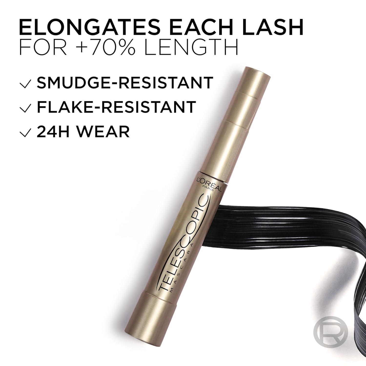 Communicates the quantifiable performance benefit of the mascara, emphasizing that it elongates lashes by 70% to attract shoppers looking for dramatic length results. Highlights multiple distinct…