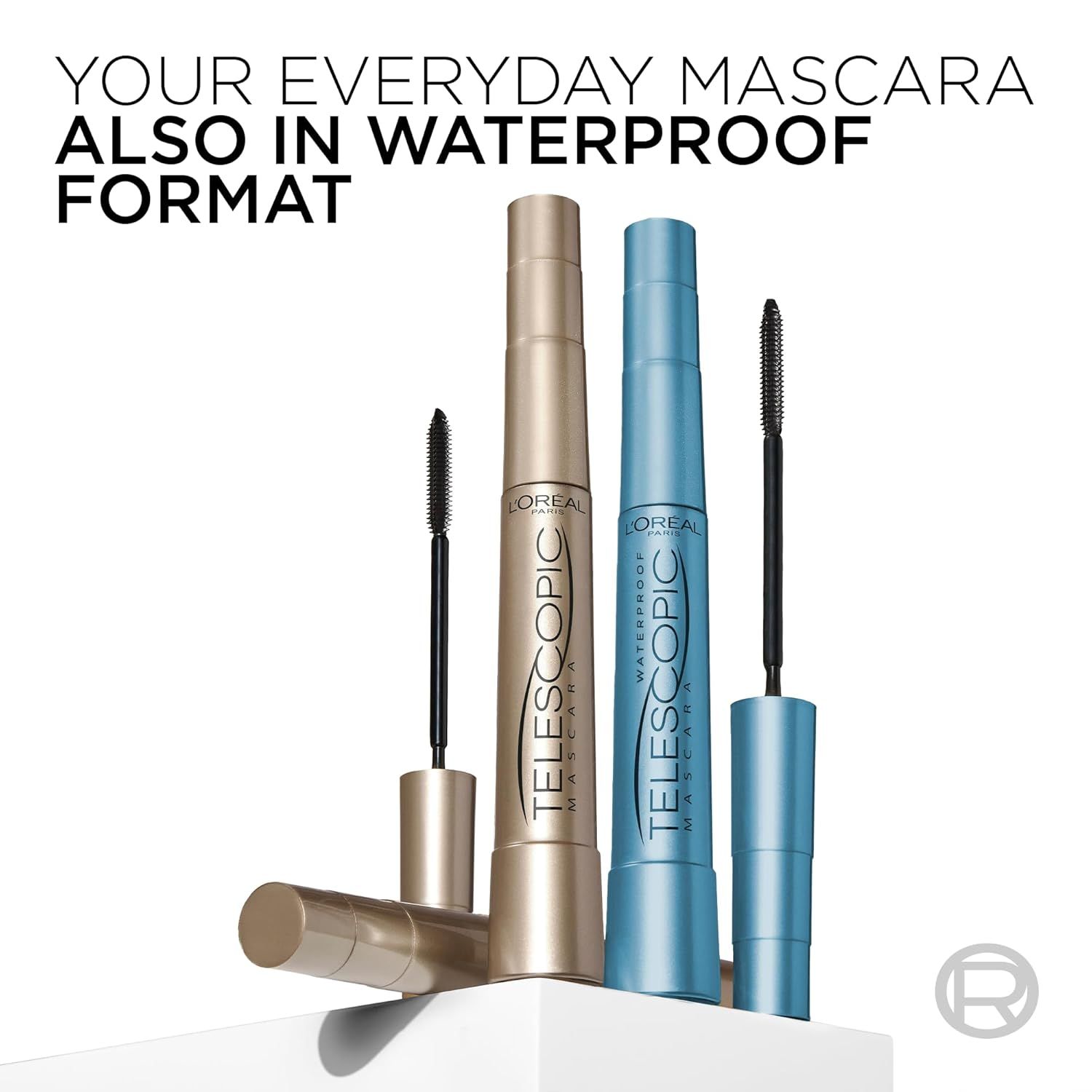 Showcases the brand's product line by displaying both the everyday mascara and its waterproof format variant, helping shoppers understand the available options within the L'Oréal Telescopic mascara…