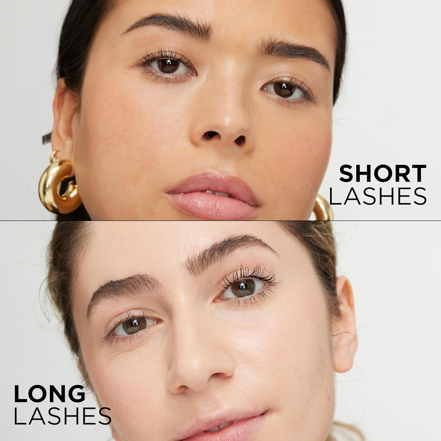 Demonstrates the visible transformation from short lashes to long lashes, proving the product's effectiveness in enhancing lash length and volume.