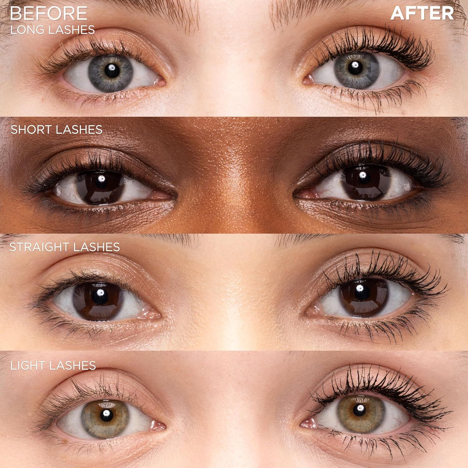 Demonstrates the dramatic transformation and volumizing effect of the mascara product by showing before and after results on different lash types (long, short, straight, and light lashes). Shows…