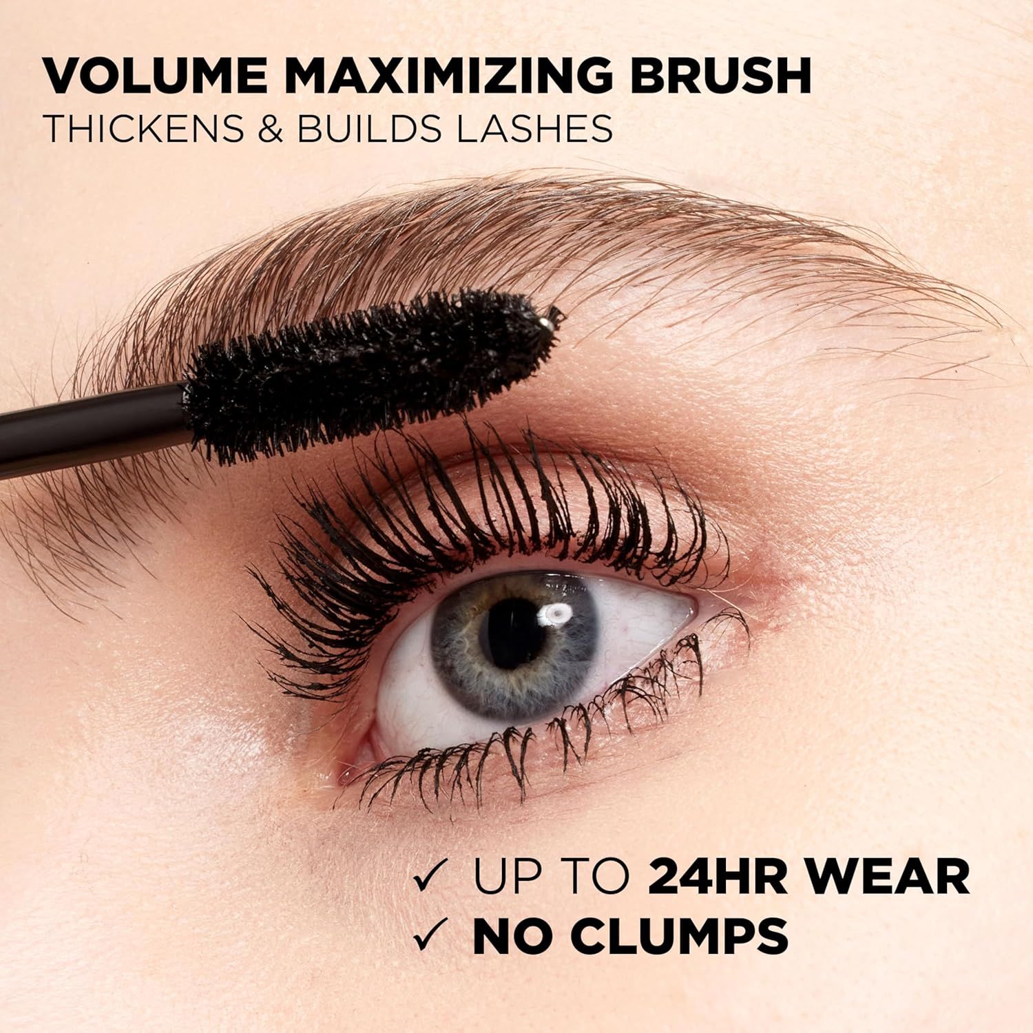 Communicates multiple key benefits of the mascara product: the volume-building brush design, long-lasting 24-hour wear, and clump-free formula to reassure shoppers of quality and performance.