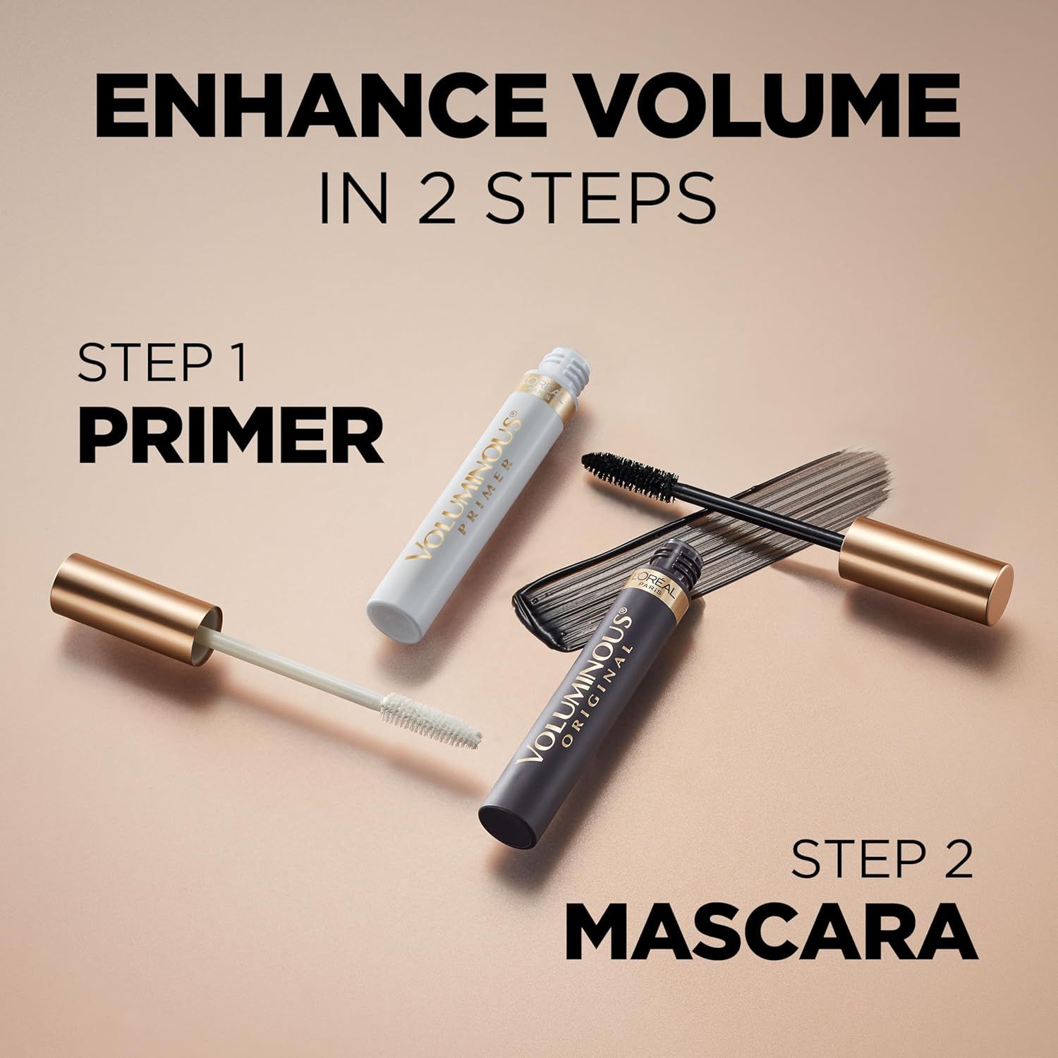 Instructs shoppers on the simple two-step process to enhance lash volume using primer first, then mascara, making the product easy to use and understand. Communicates the primary benefit of enhanced…