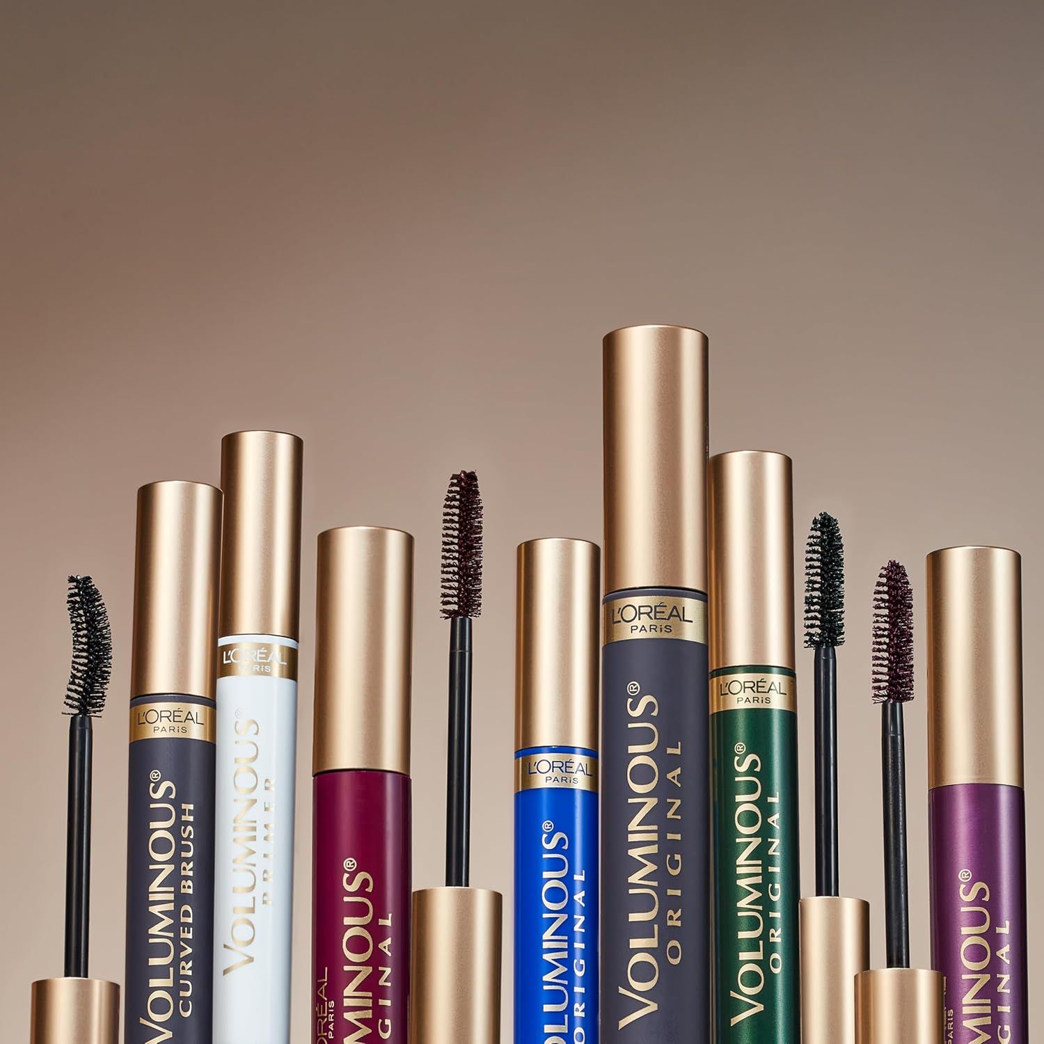 Displays the L'Oréal Paris mascara product lineup to help shoppers understand the variety of options available within the brand's mascara collection.