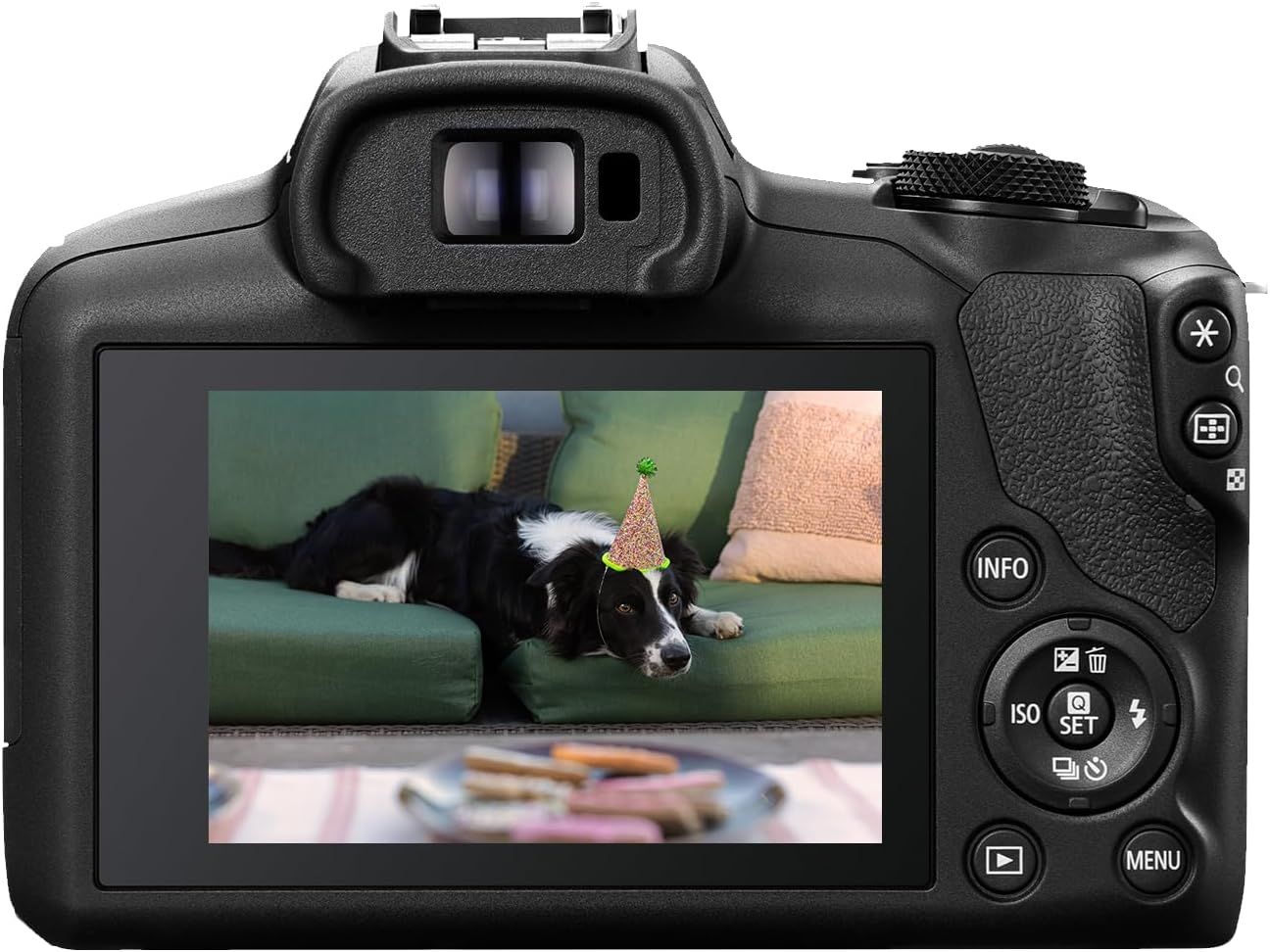 Demonstrates the camera's capability to capture lifestyle moments by showing a real photo of a dog wearing a party hat on the camera's display screen, helping shoppers visualize the product in use.