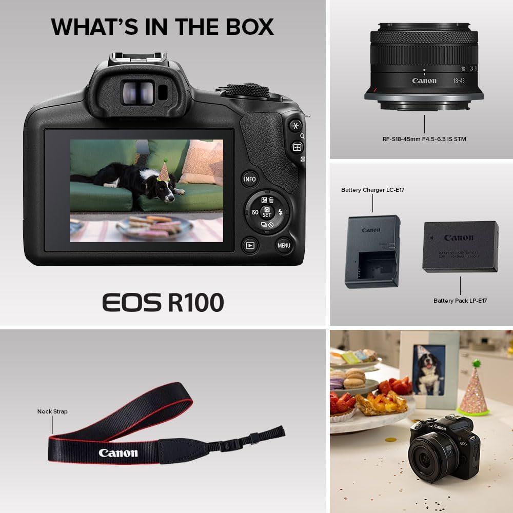 Shows the customer everything included with the Canon EOS R100 camera purchase, including the camera body, lens, battery charger, battery pack, and neck strap to set clear expectations about the…