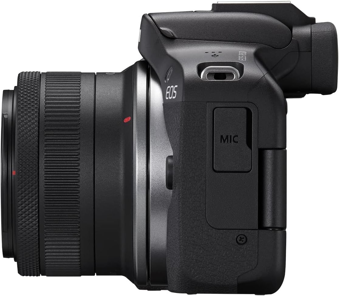 Provides a clean, catalog-style view of the camera from the side profile, allowing shoppers to see the physical design, build, and key features like the lens, viewfinder, and MIC port without…