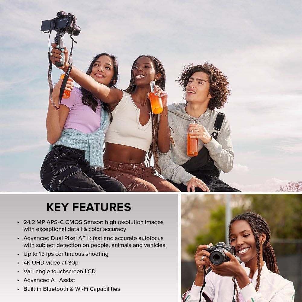 Communicates multiple technical features and capabilities of the camera to demonstrate its comprehensive functionality for photography and videography enthusiasts.