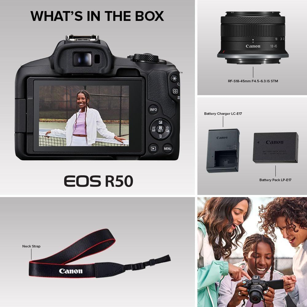 Shows all items included with the Canon EOS R50 camera purchase, including the camera body, lens, battery charger, battery pack, and neck strap, helping shoppers understand the complete value of…