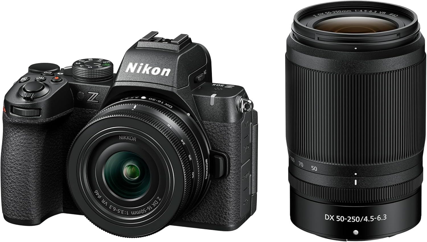 Shows the customer exactly what they receive in the kit: a Nikon Z camera body with mounted lens and an additional DX 50-250mm telephoto lens, demonstrating the complete bundle value.