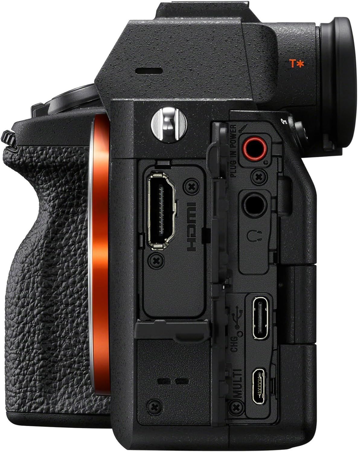 Shows the side panel of the camera with all connection ports and controls clearly visible, helping shoppers understand the camera's connectivity options and physical interface layout.