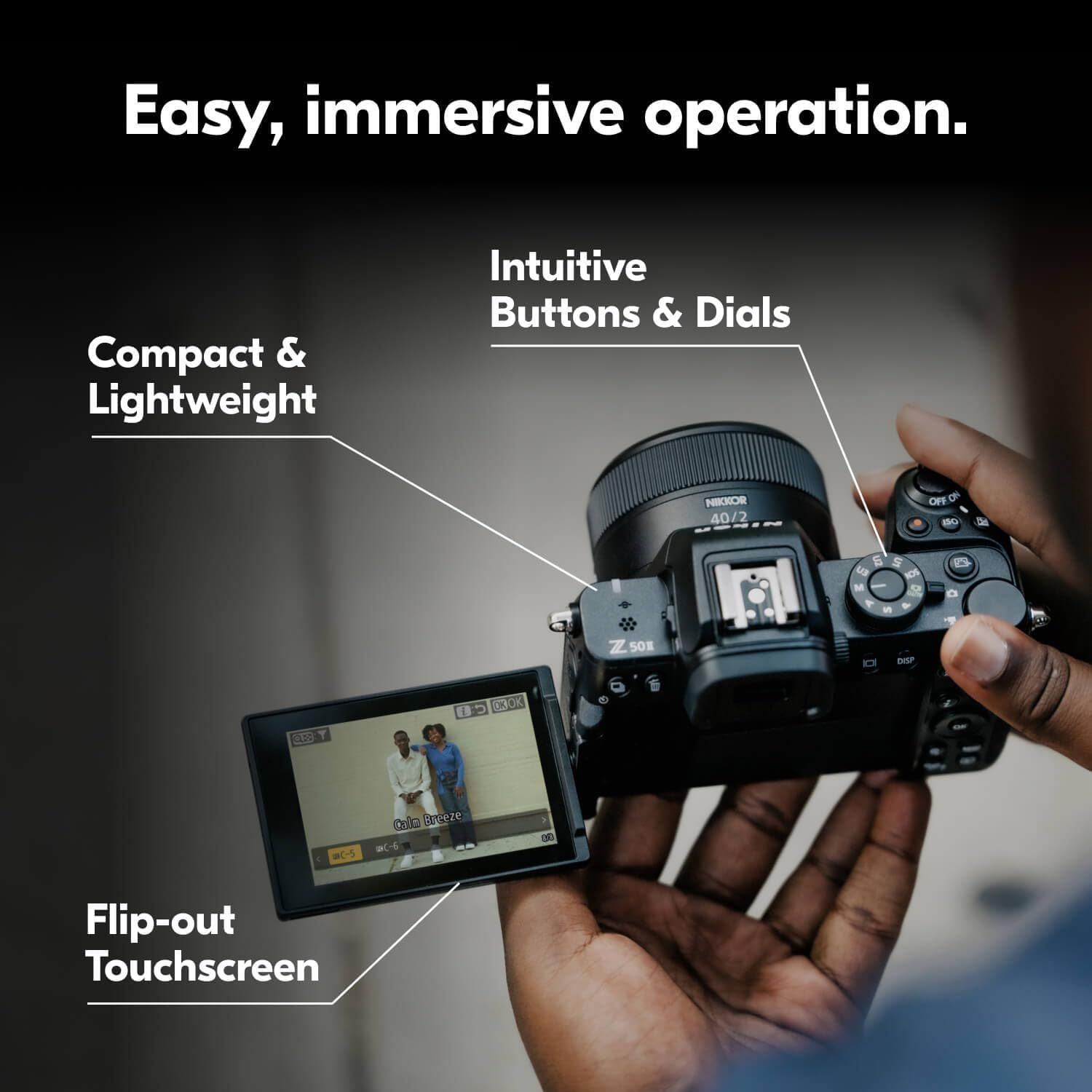 Highlights the camera's key physical features and design elements to communicate ease of use, portability, and user-friendly operation. Showcases multiple distinct benefits of the camera in a…