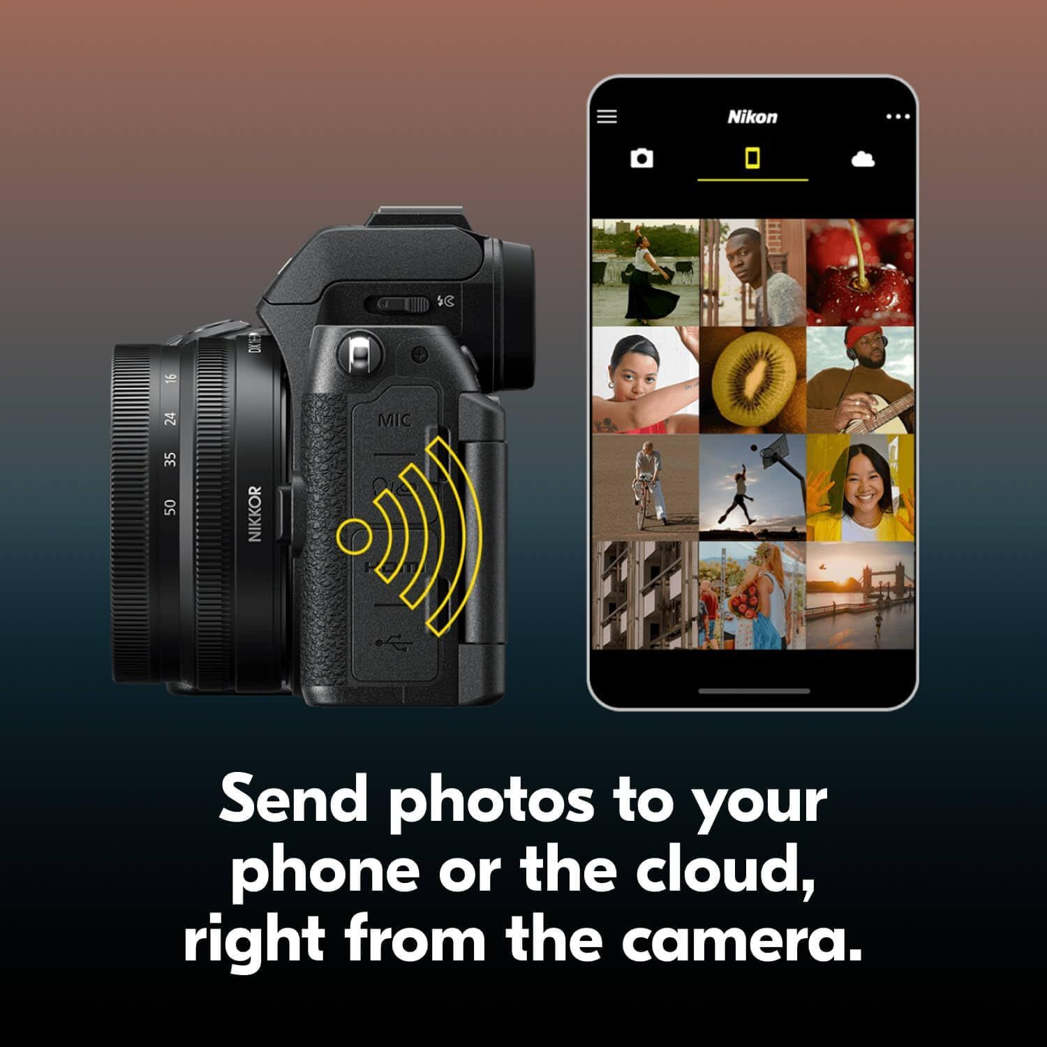 Demonstrates the camera's wireless connectivity feature that allows users to instantly transfer photos from the camera to their phone or cloud storage, emphasizing convenience and seamless workflow.