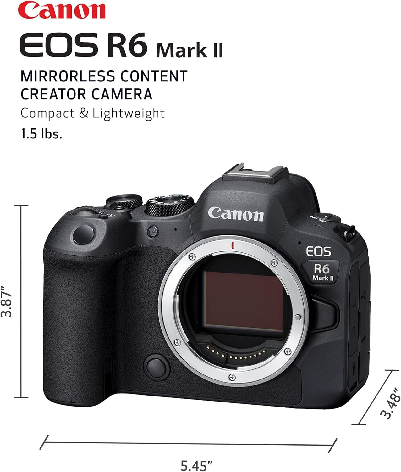 Communicates the compact physical size and lightweight nature of the camera (1.5 lbs, 5.45" x 3.87" x 3.48") to reassure shoppers about portability and ease of handling. Highlights the camera's…