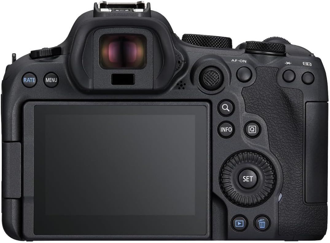 Displays the camera body from the back view on a clean white background to show the product's physical appearance, controls, and screen layout without distractions.