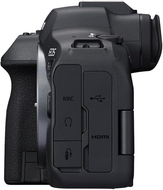 Shows the side view of the camera with labeled ports (MIC, USB, headphone, HDMI) to help shoppers understand the connectivity options and physical interface locations.