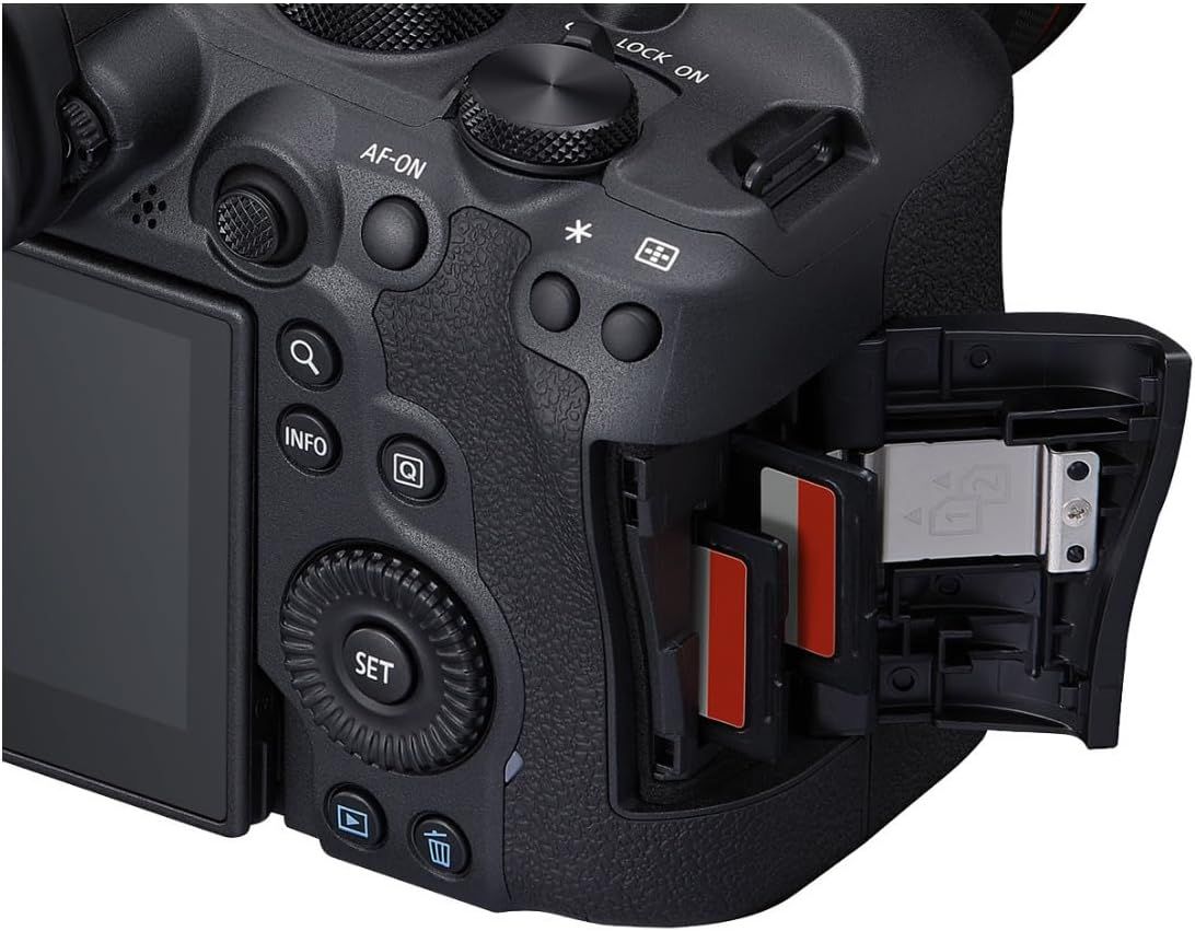 Shows the physical layout of the camera's back panel, highlighting the dual memory card slots and various control buttons to help shoppers understand the camera's interface and storage capabilities.