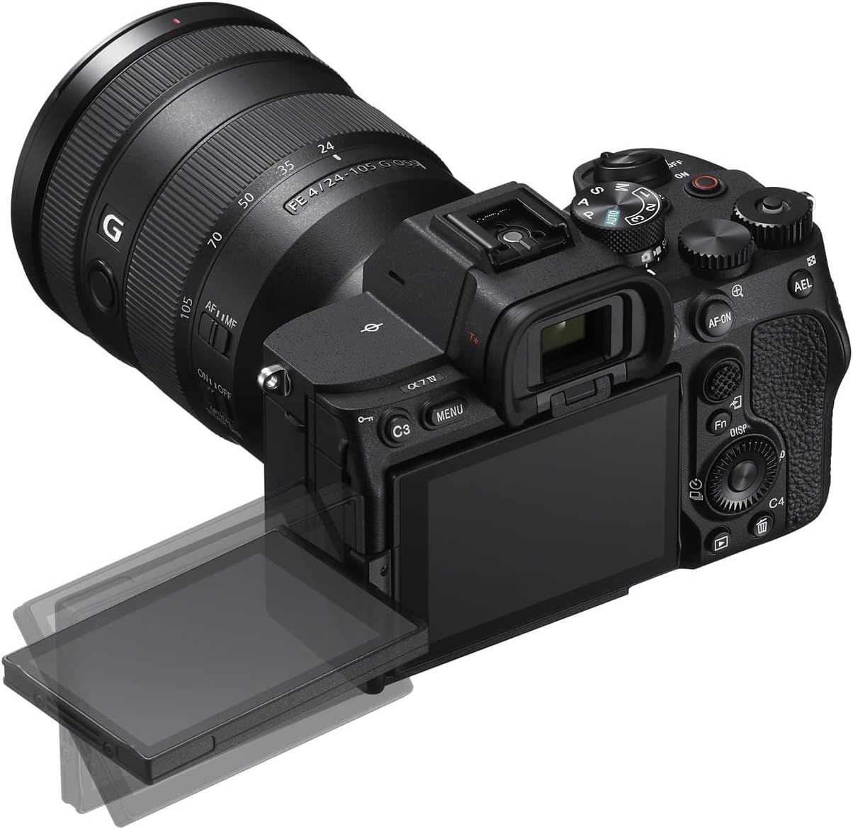 Shows the camera with its flip-out LCD screen extended, allowing shoppers to see the vari-angle display feature and overall product design from a rear angle.