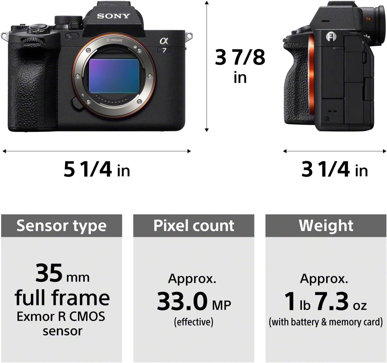 Communicates the exact physical dimensions of the camera (height, width, depth) to help shoppers understand how compact and portable the product is. Highlights multiple technical specifications…