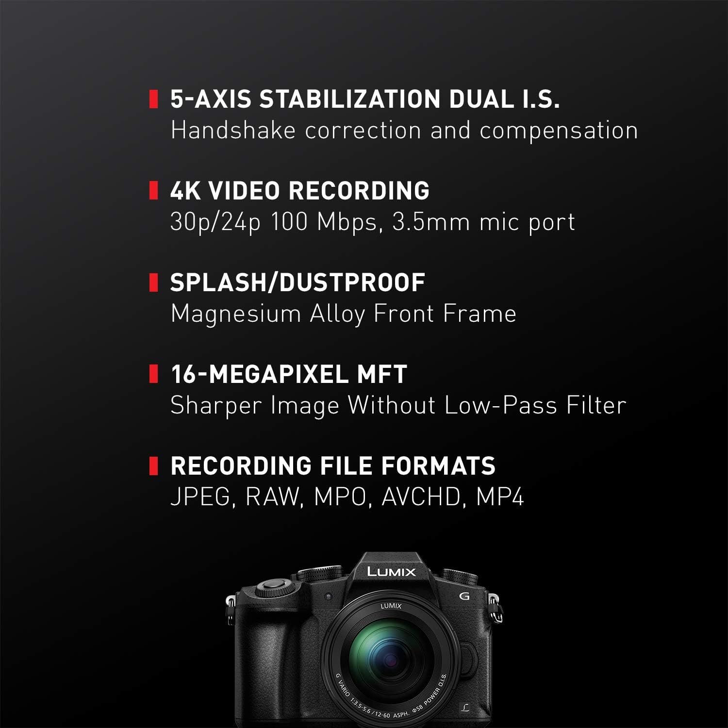 Communicates multiple technical specifications and features of the camera to inform shoppers about its advanced capabilities including stabilization, video quality, durability, image sensor, and…