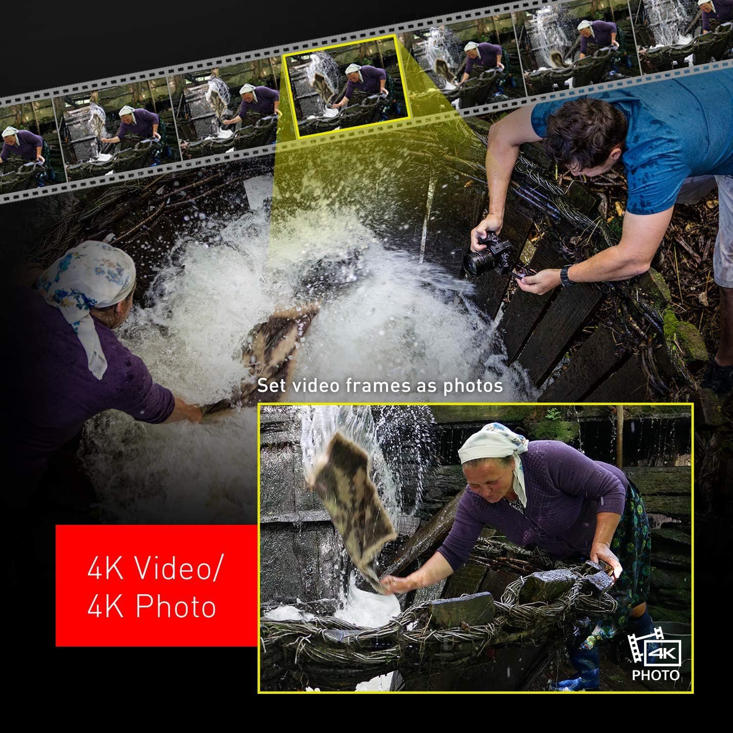 Communicates that the camera can capture high-quality 4K video and extract individual frames as 4K photos, highlighting the versatility and quality of the imaging system.
