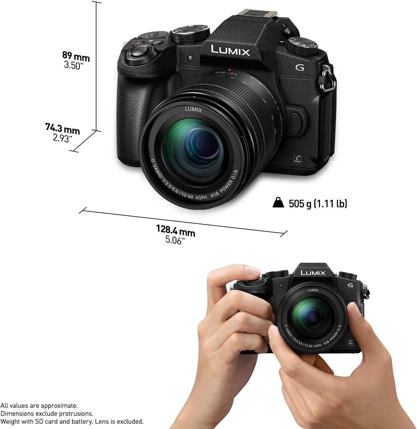 Communicates the physical dimensions (89mm x 74.3mm x 128.4mm) and weight (505g) of the camera to help shoppers understand its portability and size, with a hand-held reference photo reinforcing its…