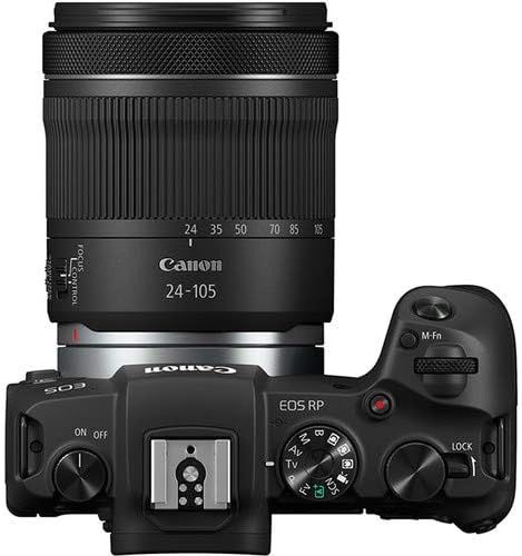 Provides a clean, catalog-style view of the Canon EOS RP camera with 24-105mm lens from a top-down perspective, allowing shoppers to see the product's physical appearance and controls without…