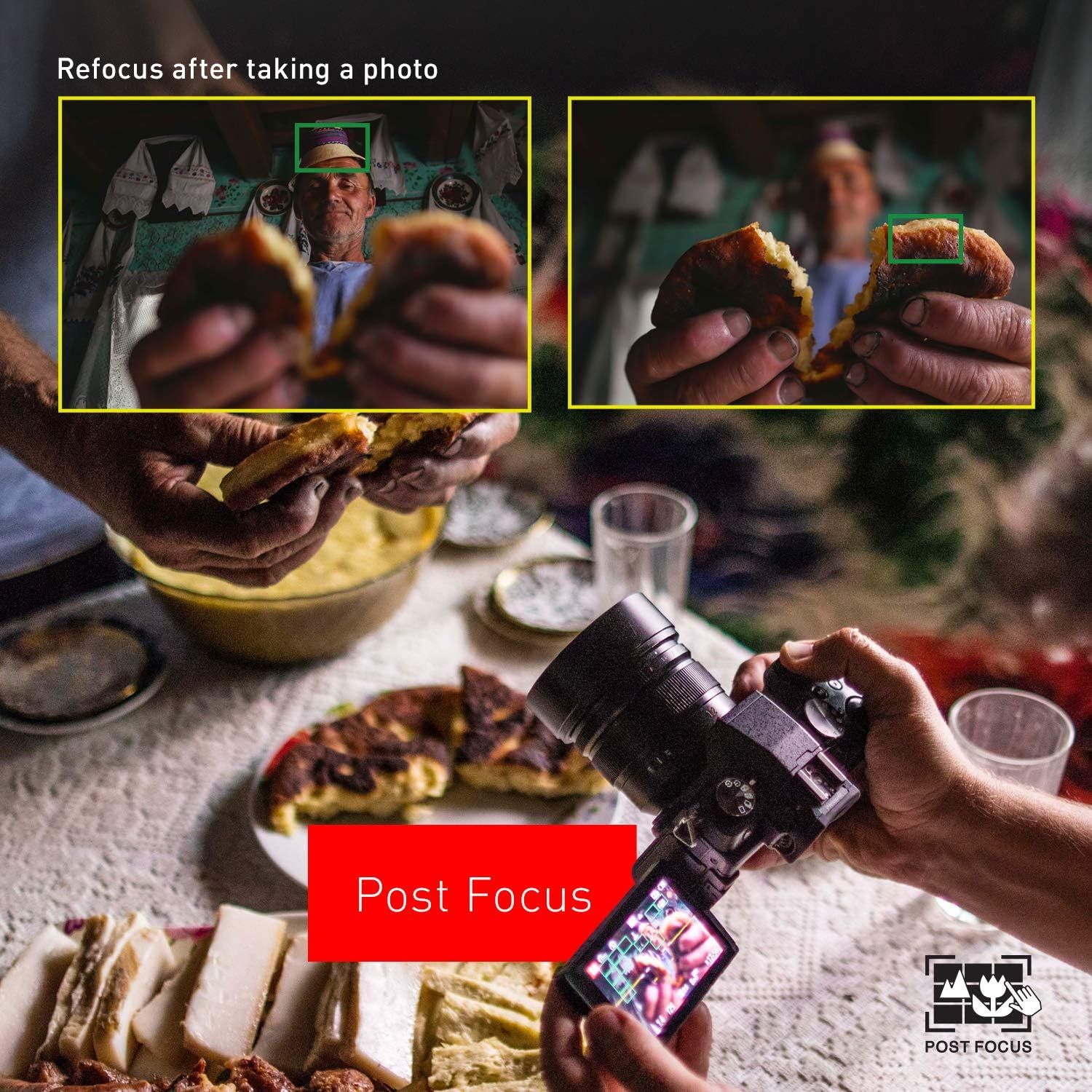 Demonstrates how the camera's post-focus feature works, showing users they can refocus on different subjects after capturing the photo. Highlights the camera's ability to refocus after taking a…