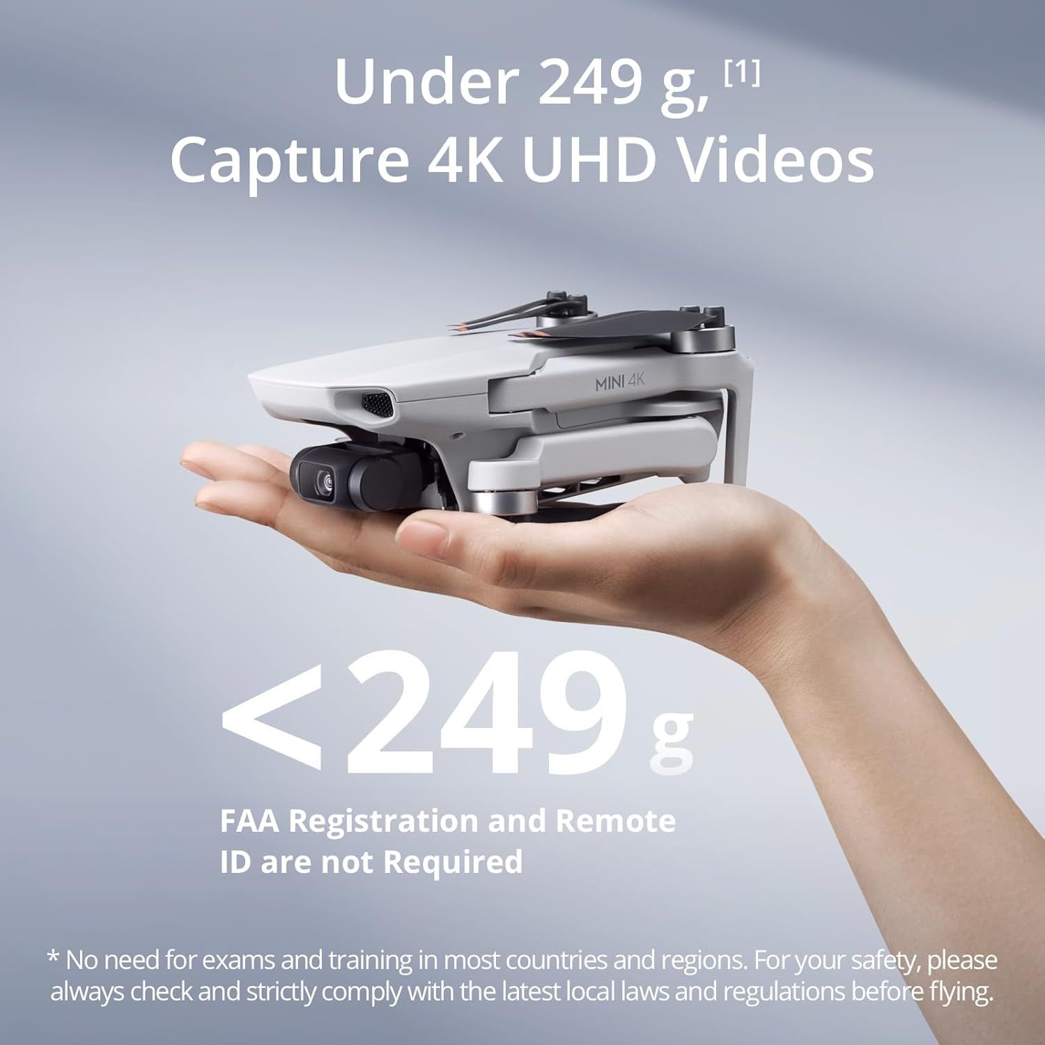 Communicates the drone's ultra-light weight to reassure shoppers that it does not require FAA registration or remote ID, making it easier and more convenient to use legally. Highlights the drone's…