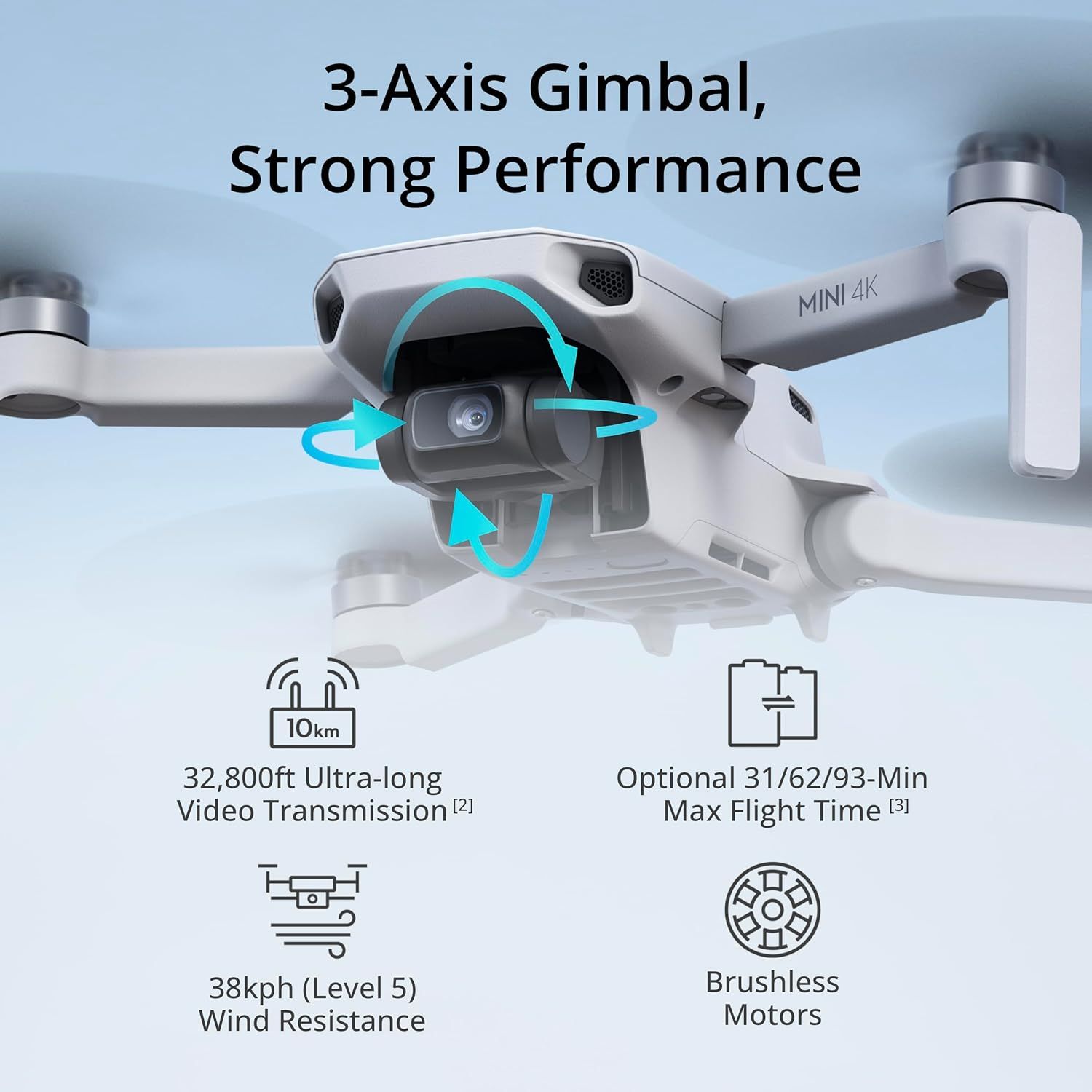 Highlights the drone's 3-axis gimbal stabilization system with directional arrows to show its movement capability, reassuring shoppers of smooth, stable video recording performance. Communicates…