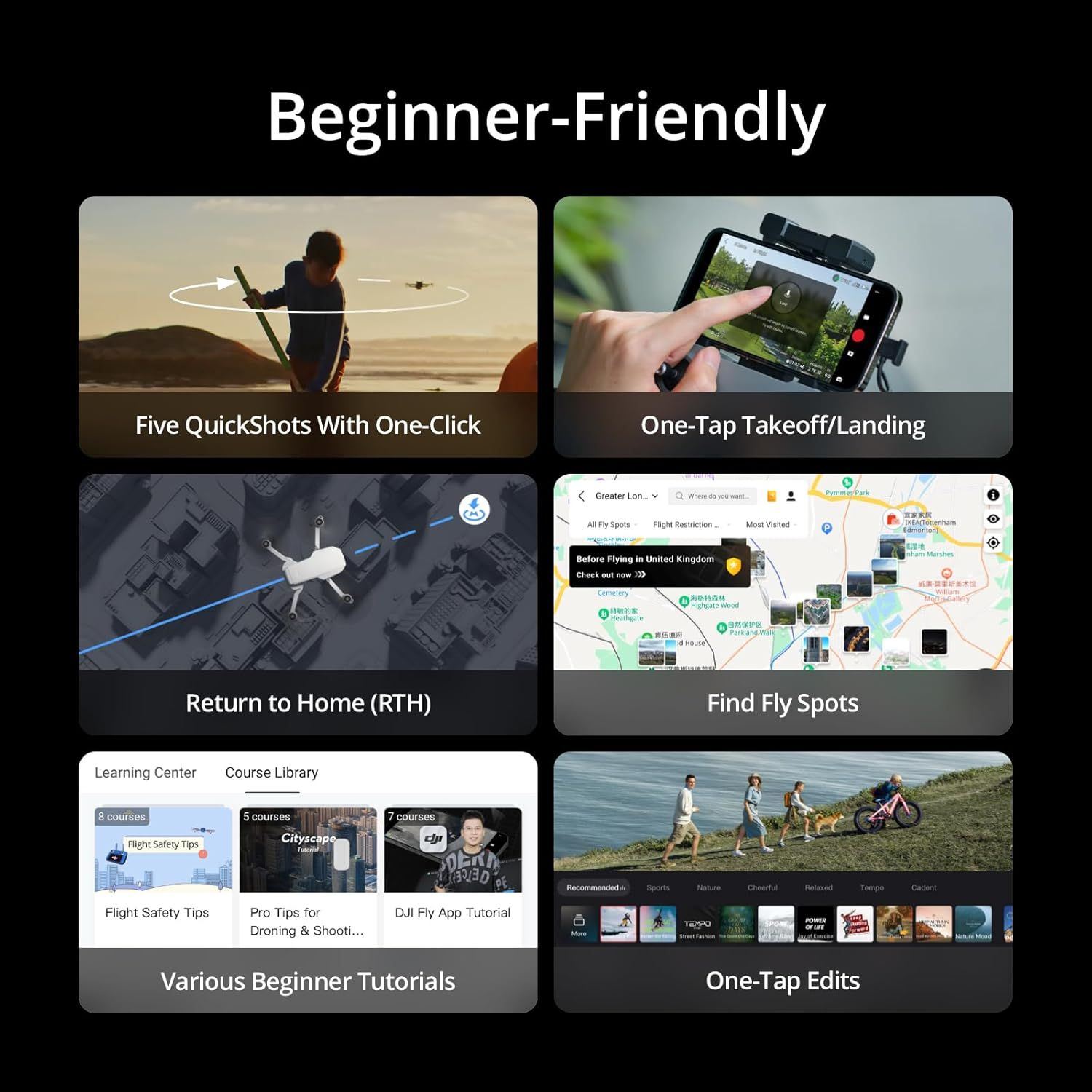 Communicates that the drone is beginner-friendly by showcasing six distinct ease-of-use features in a segmented grid layout, reassuring new users that the product is accessible and simple to operate.
