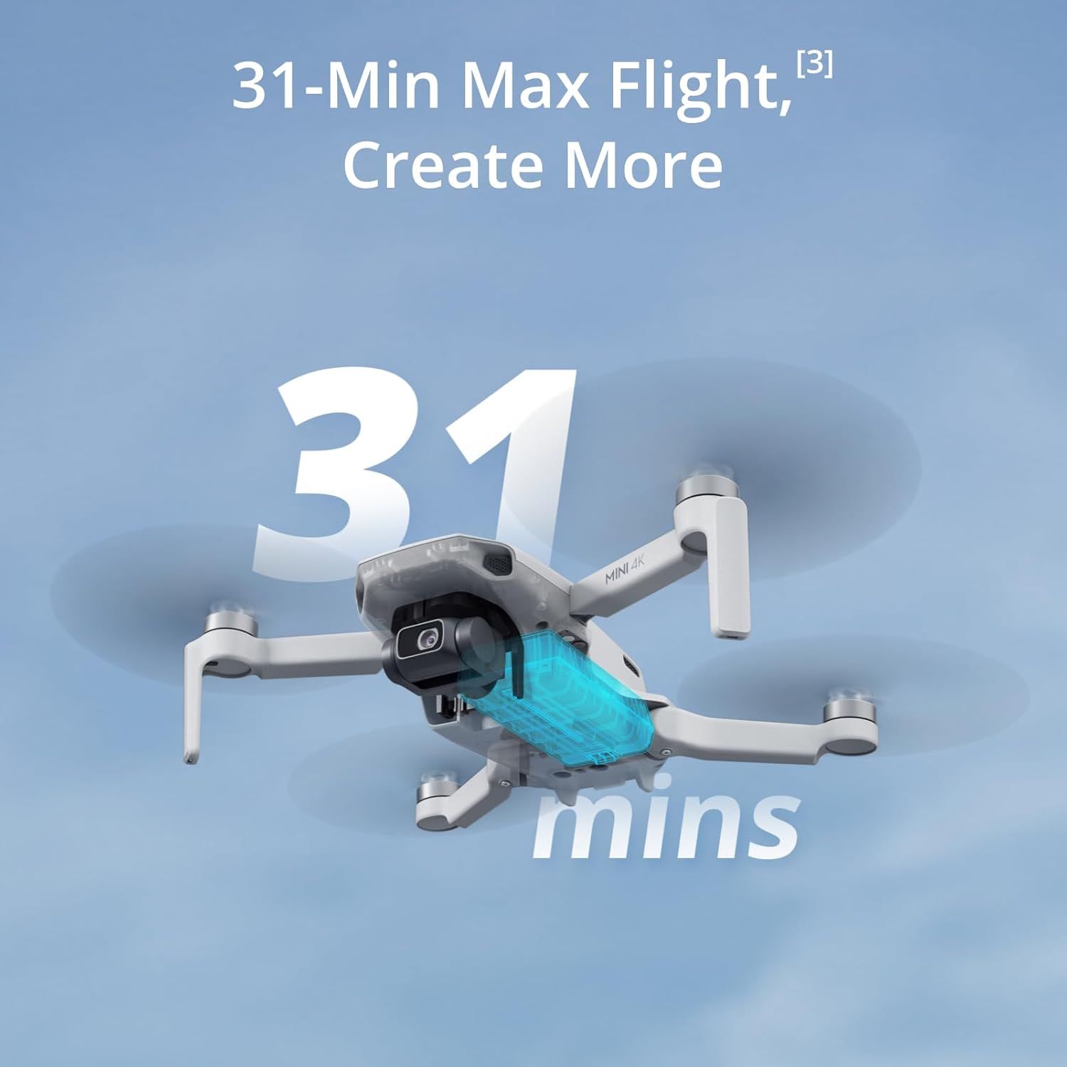 Communicates the drone's impressive battery performance with a bold, quantifiable flight time stat to reassure shoppers of extended usage capability. Highlights the key benefit of longer flight…