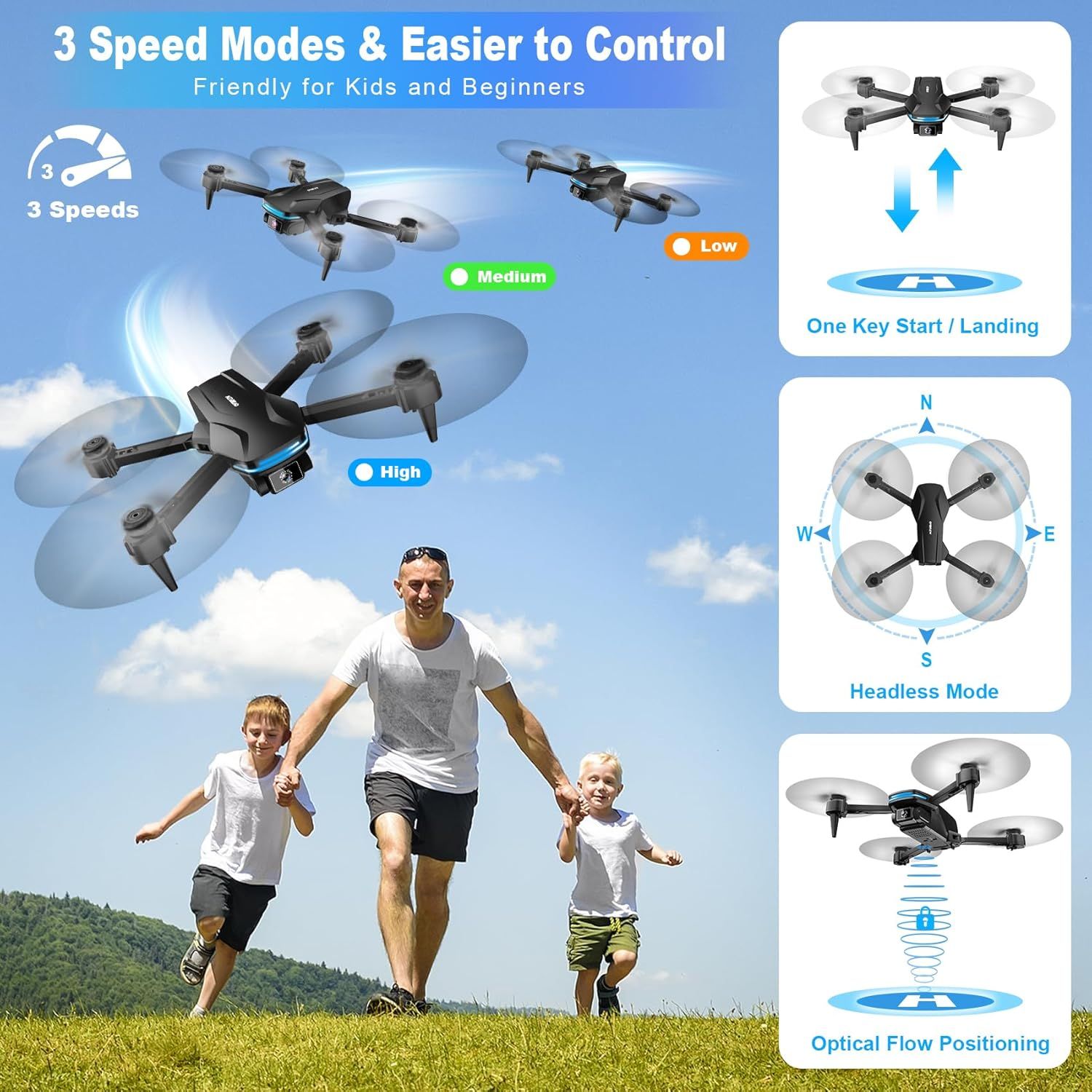 Communicates multiple ease-of-use features to reassure shoppers that this drone is beginner-friendly and easy to control, especially for kids and new users.