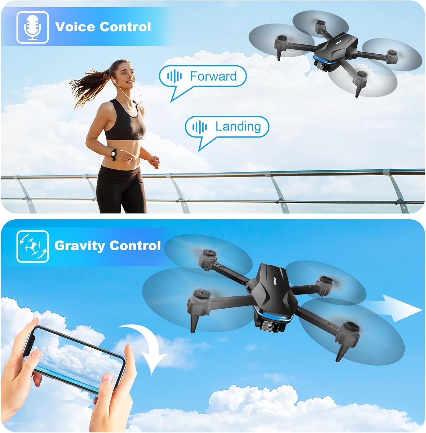 Demonstrates two distinct control methods for the drone—voice commands and gravity/tilt control via smartphone—to show versatility and ease of use.