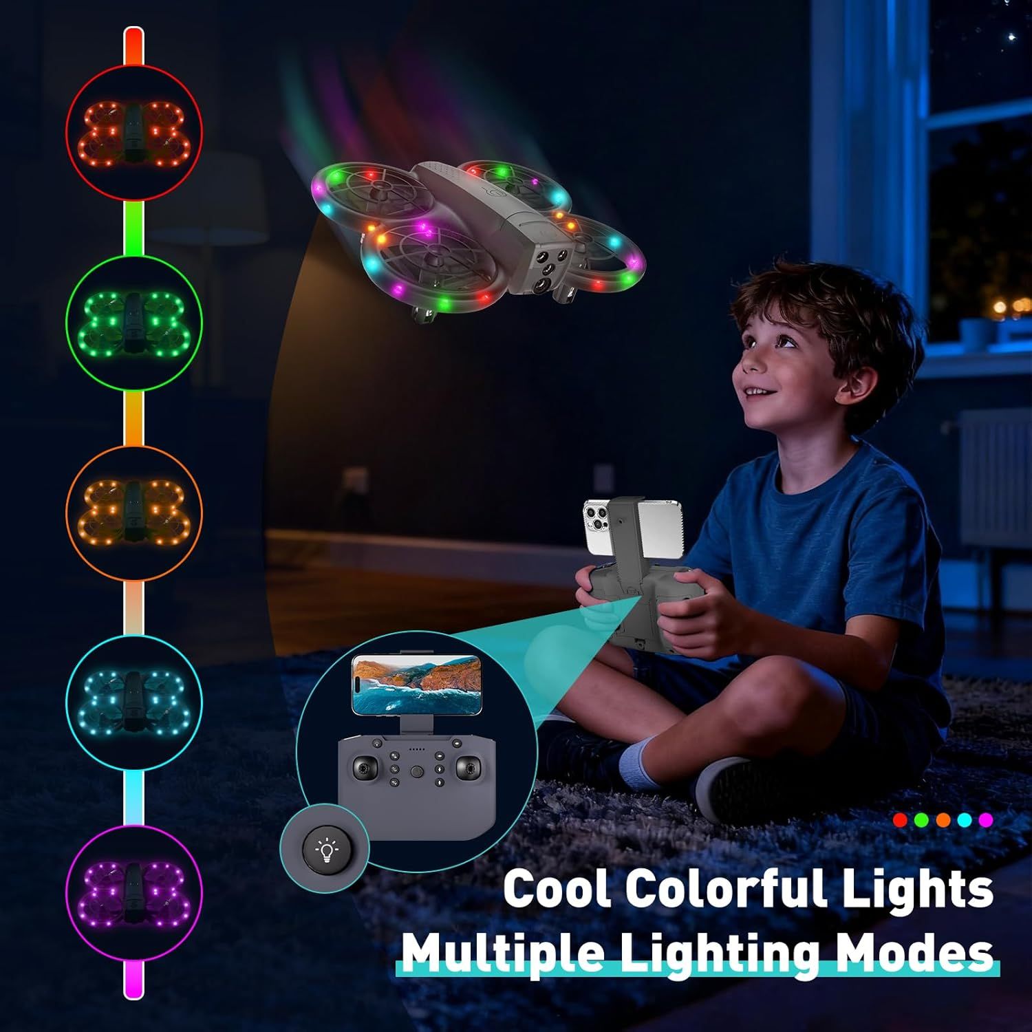 Highlights the drone's colorful LED lighting feature with multiple modes to emphasize fun, visual appeal, and entertainment value for kids.