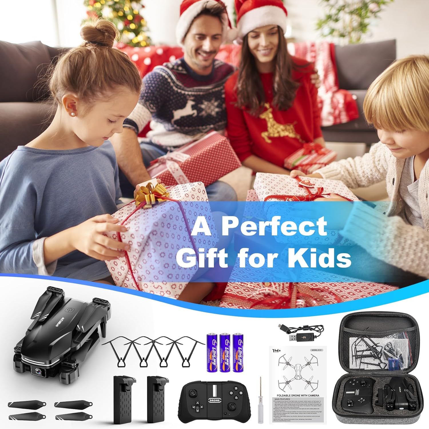 Positions the product as an ideal Christmas gift for children, leveraging seasonal imagery and family holiday context to drive gifting purchases. Shows all items included in the package—drone,…